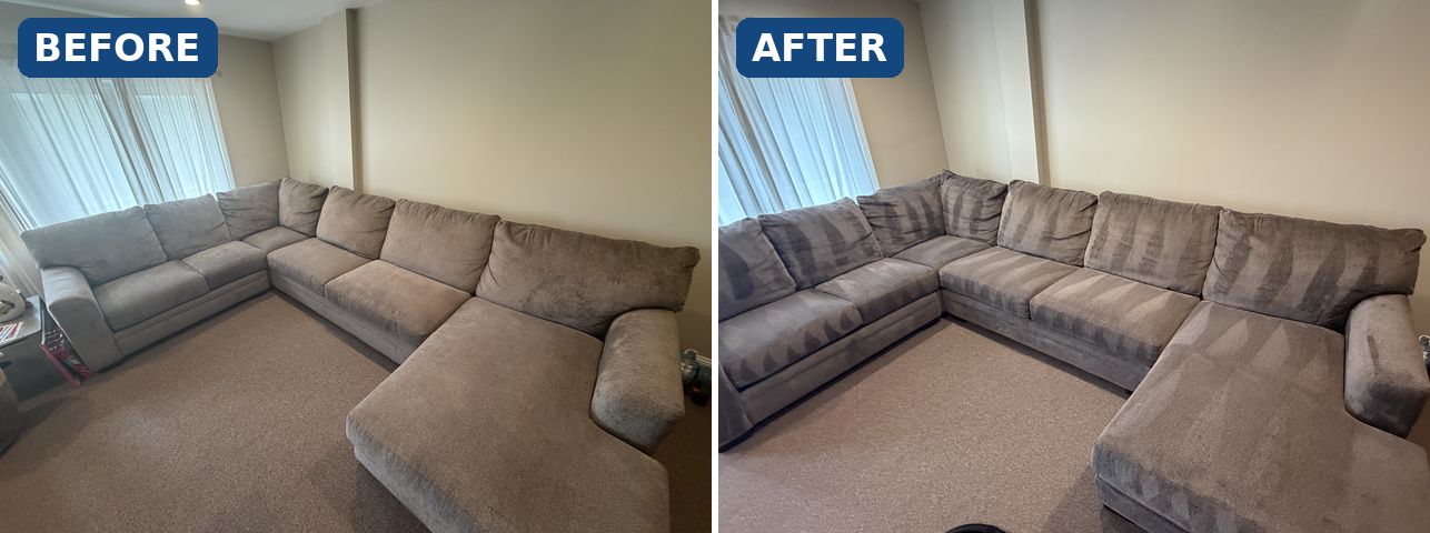 Large sectional sofa before and after professional upholstery cleaning in Bergen County NJ