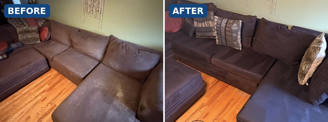 Dark brown sectional couch before and after deep cleaning in North NJ